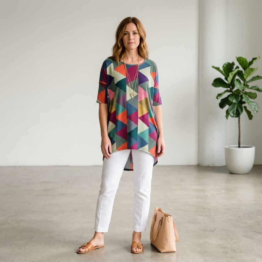 LuLaRoe Irma Tunic Top XL NWT Multicolor Geometric Triangle Print